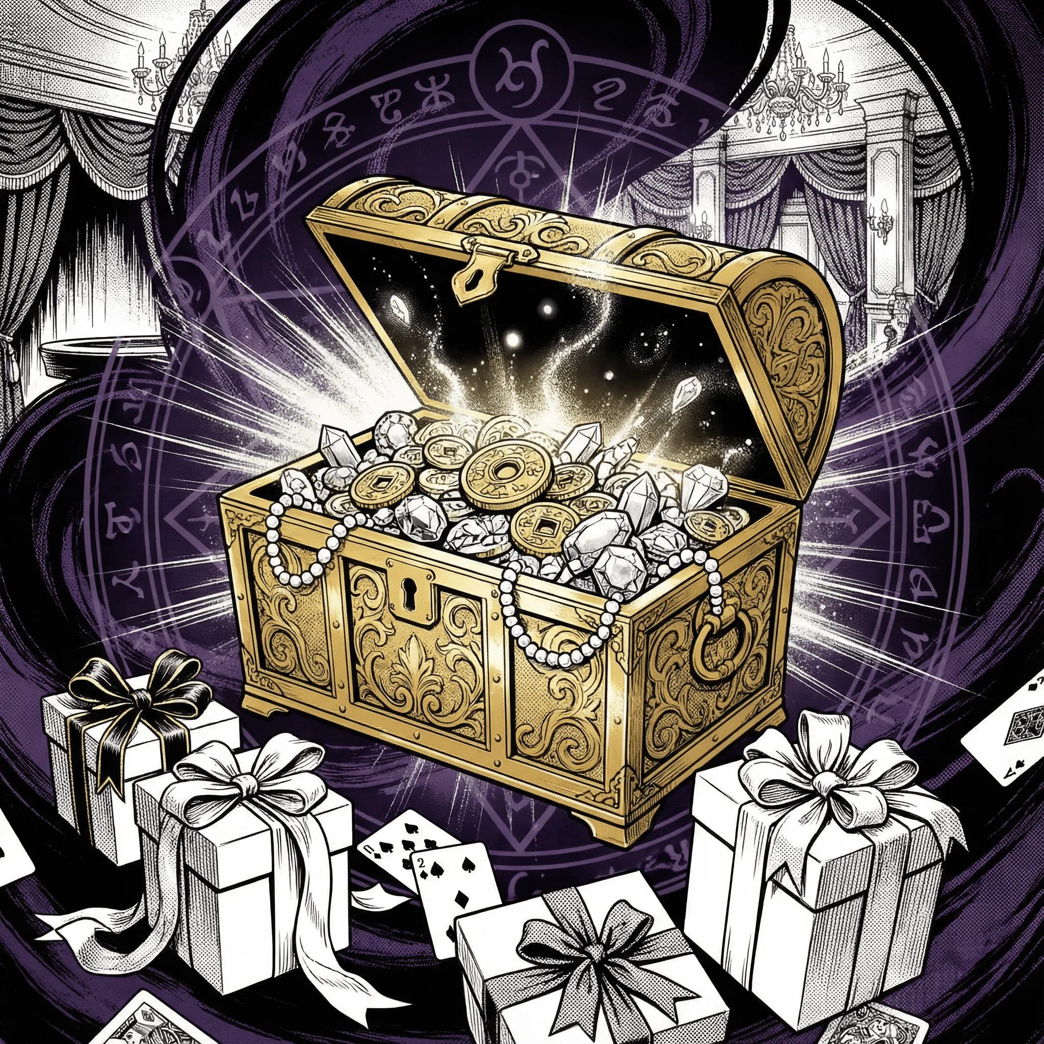 Baú do tesouro com moedas e gemas brilhantes